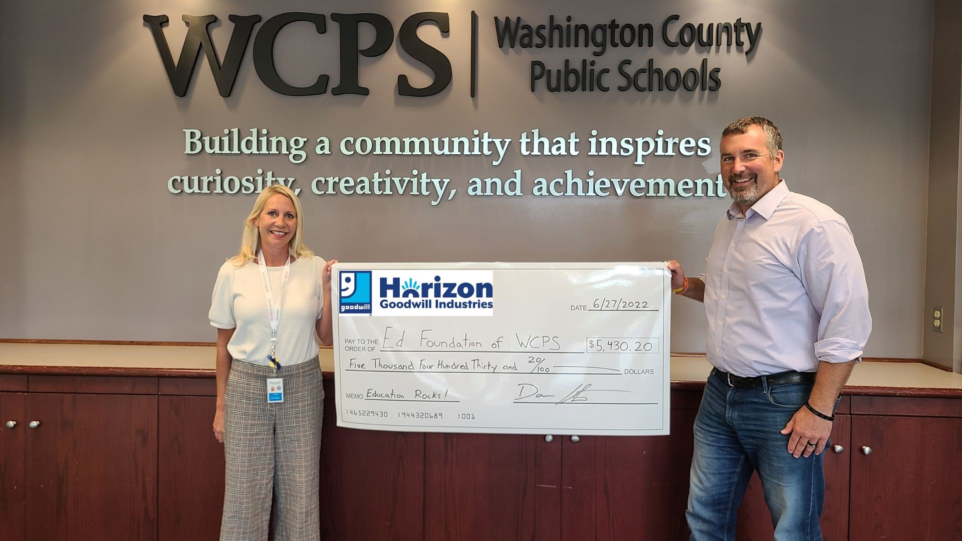 EFWCPS HGI Check Photo - Horizon Goodwill & the Education Foundation of Washington County Public Schools Conclude Spring Donation Drive