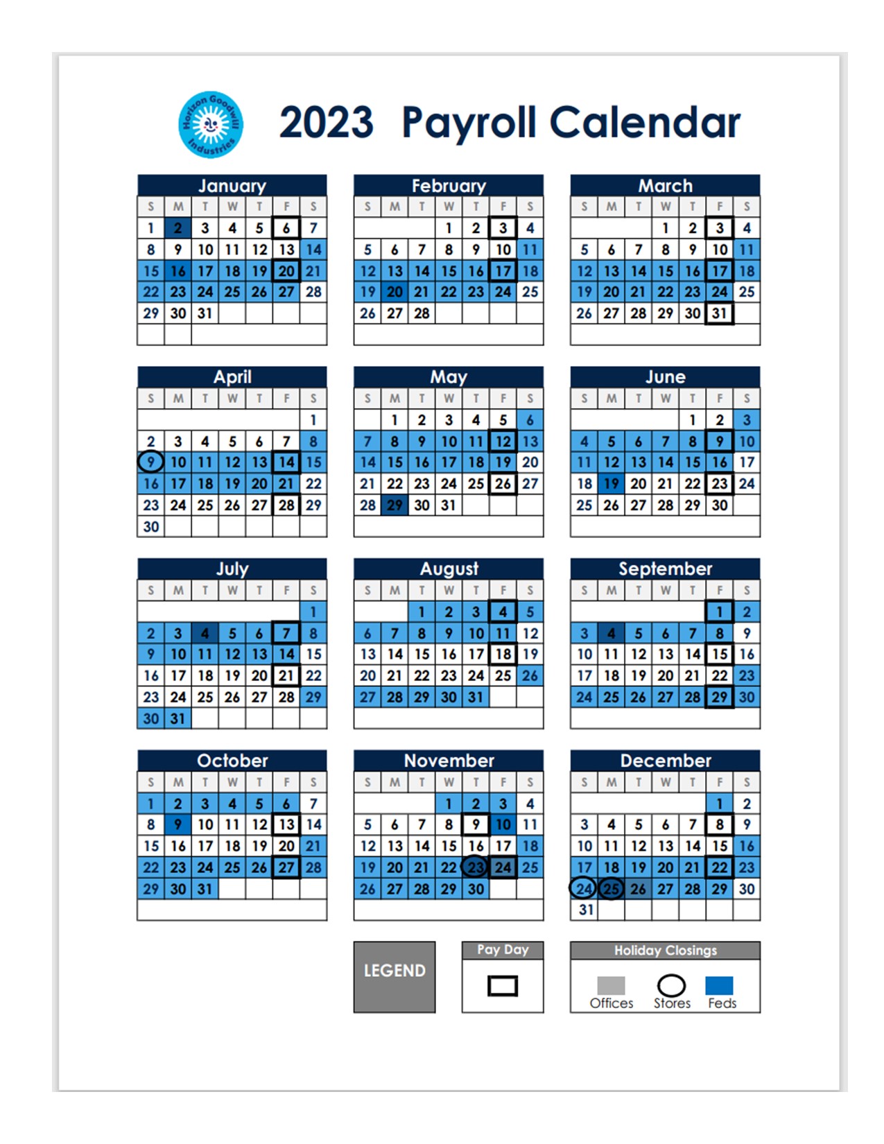 2023 Holiday Schedule and Payroll Calendar Horizon Goodwill Industries