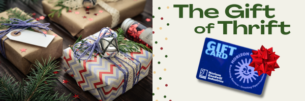 Christmas gifts beside Horizon Goodwill gift card. Title about says "The Gift of Thrift"