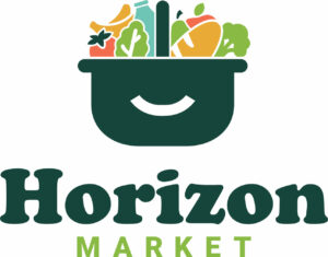 Horizo Market Logo. Green shoppping basket graphic filled with fruits, veggies in colors of yellow, green and orange. Horizon Market text below.