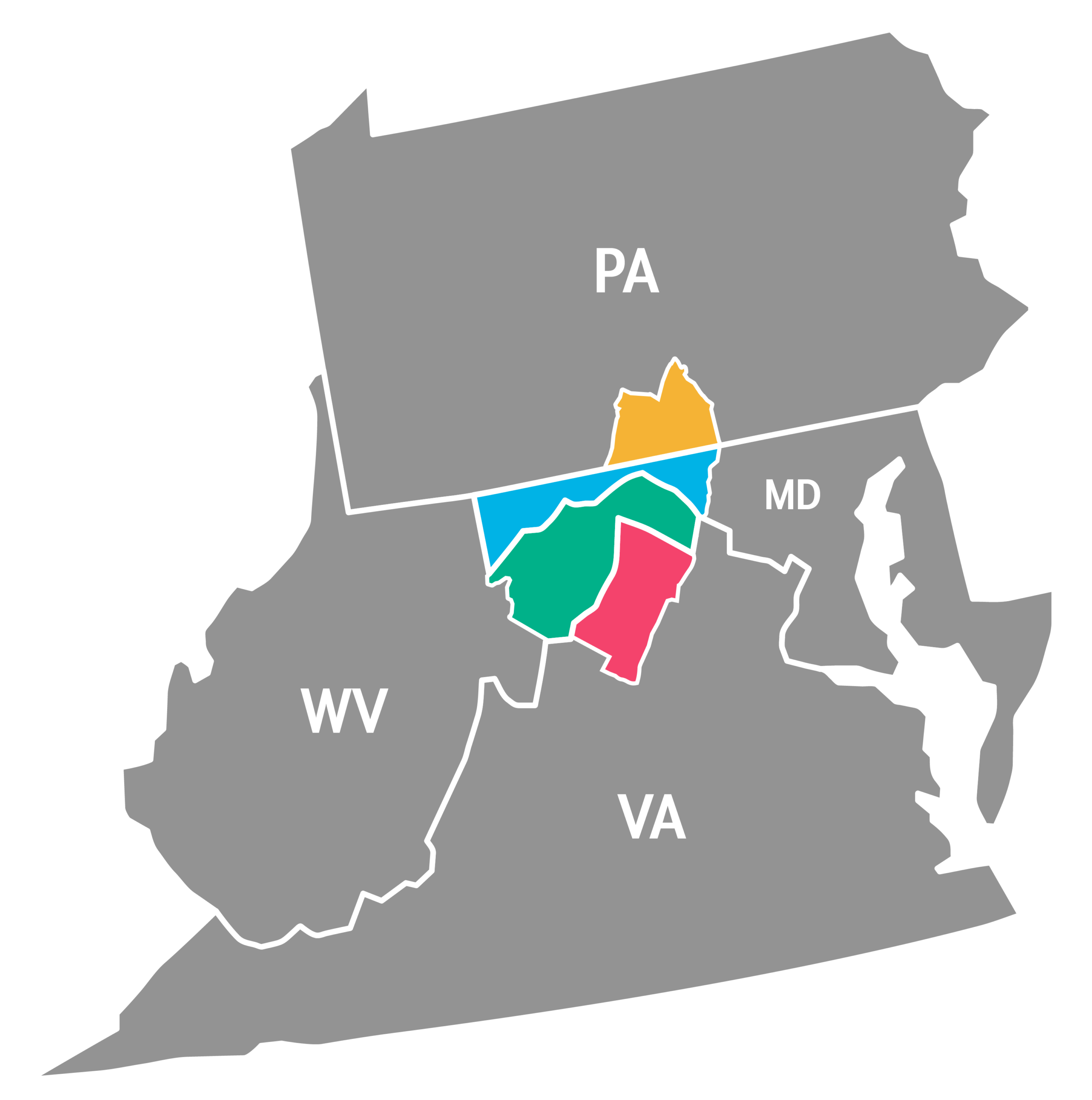 map of Maryland, West Virginia, Virginia and Pennsylvania with highlighted services areas. 